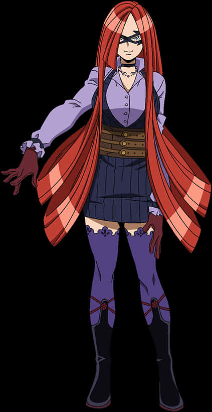 《我的英雄學院》角色緋田美琴 壁紙 — 一個引人注目的動漫女孩，長長的紅髮和黑色面具，穿著紫色和紅色的服裝，自信地站在黑色背景前。