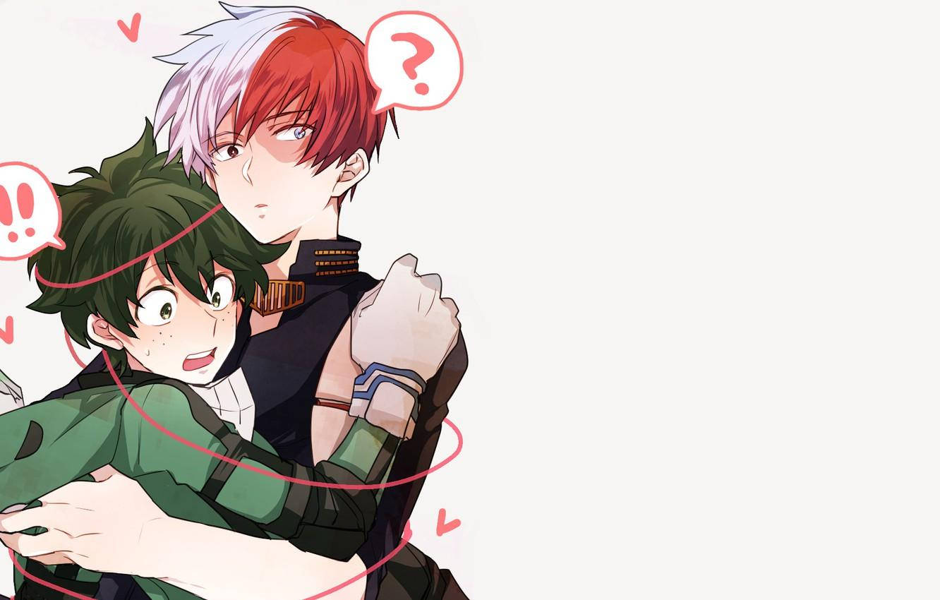 兩個動漫男孩擁抱，表情驚訝，周圍有心形。