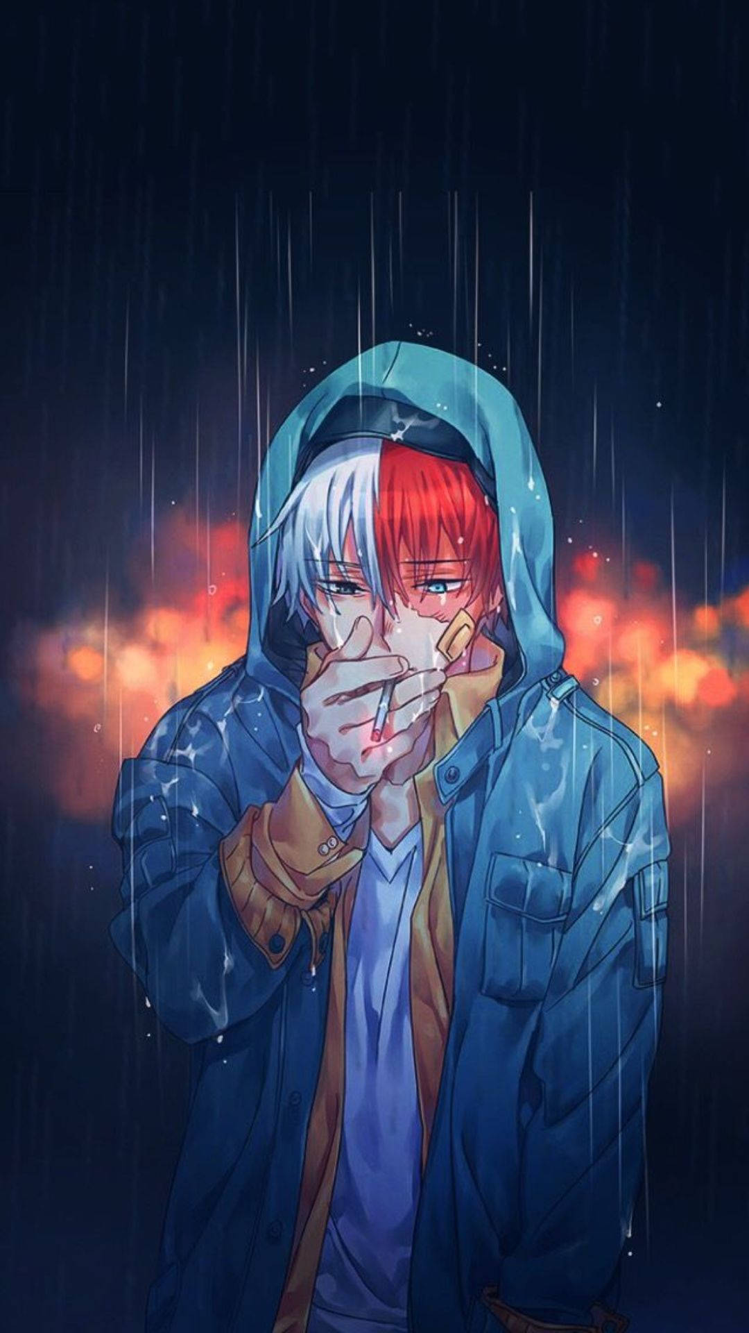 《我的英雄學院》轟焦凍雨中抽菸手機壁紙 壁紙 — 一個半紅半白頭髮的動漫男孩，穿著藍色連帽外套，在傾盆大雨中抽煙，背景是火紅的橙色天空。