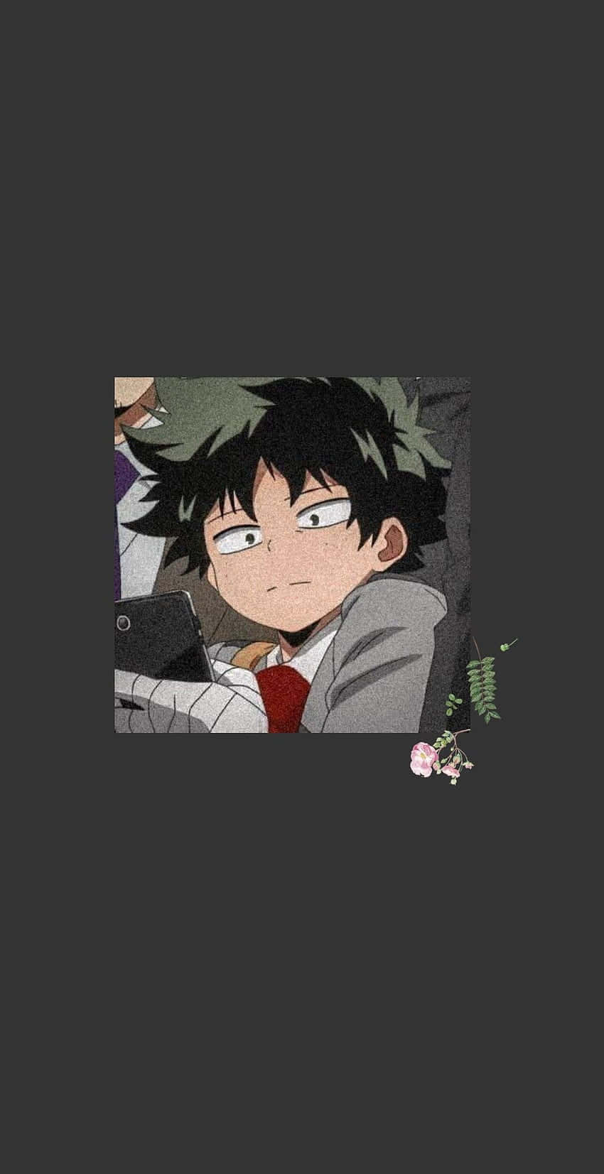 穿著校服的動漫男孩，拿著手機，表情煩惱，帶有花卉裝飾。