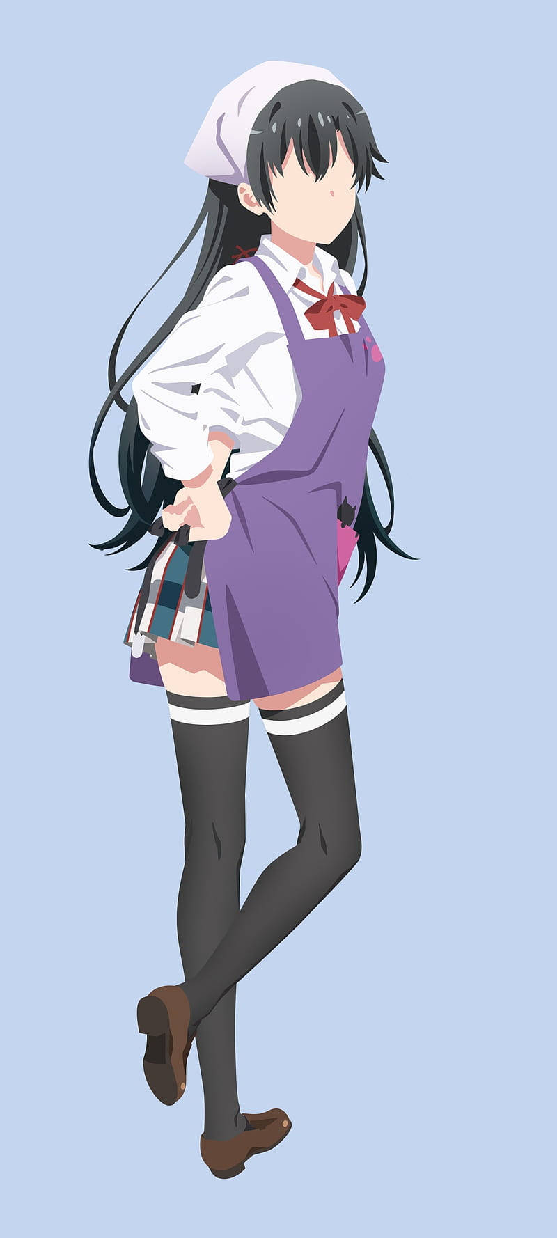 穿著紫色圍裙和白色帽子的校服動漫女孩側身站立。