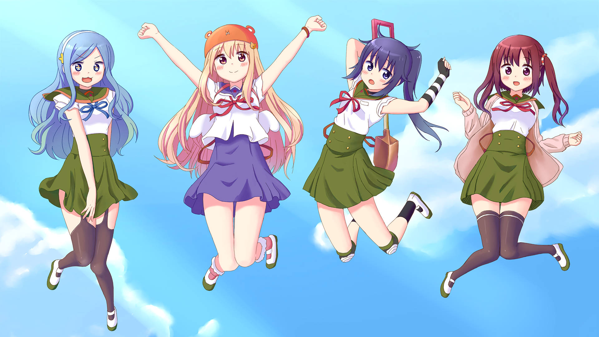 《我老婆是學生會長》動畫少女們 壁紙 — 四個穿著校服嘅開心動畫女仔喺晴朗藍天同 fluffy 白雲下開心咁跳起。