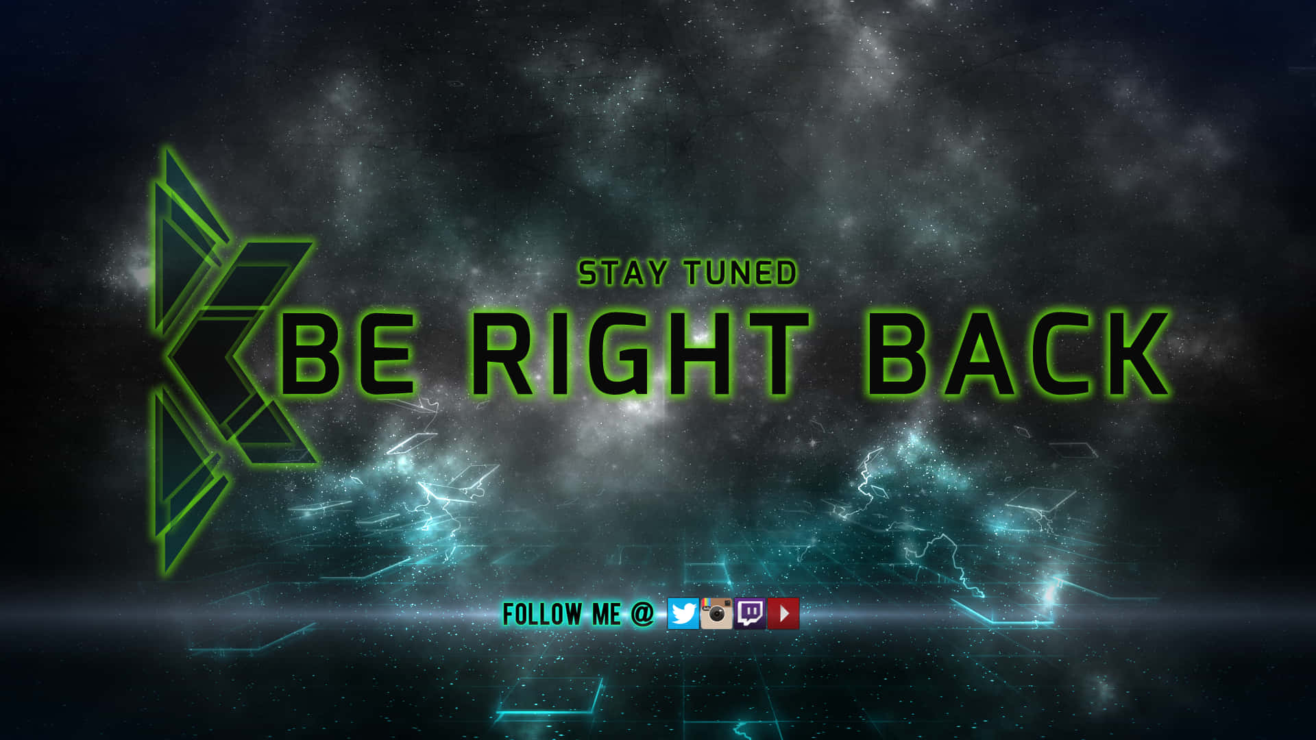 宇宙空間上的發光綠色 'BE RIGHT BACK' 文字，帶有數碼電路和社交媒體圖標。