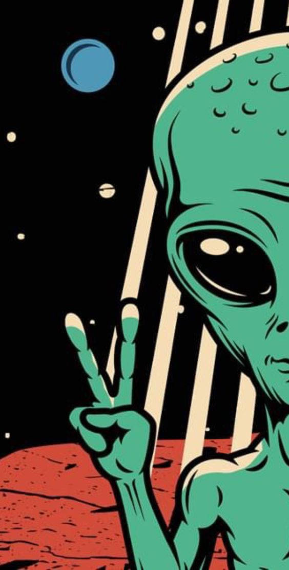 綠色外星人在太空中與星星和行星做出和平手勢