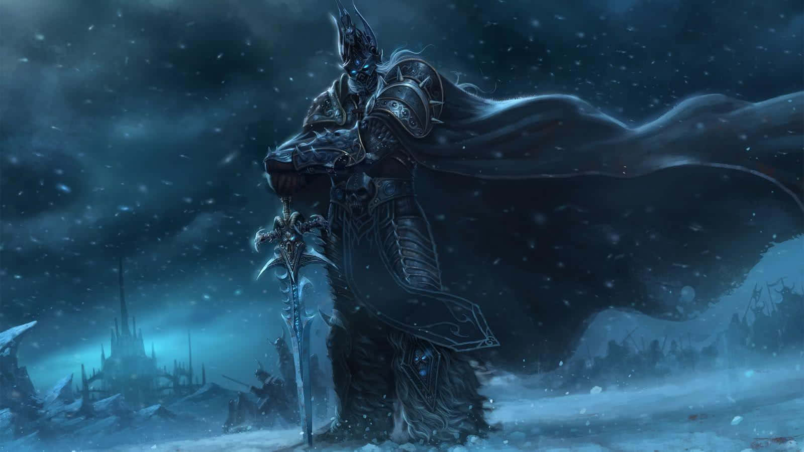 暗色盔甲騎士在暴風雨夜空下的雪地荒原中持劍。