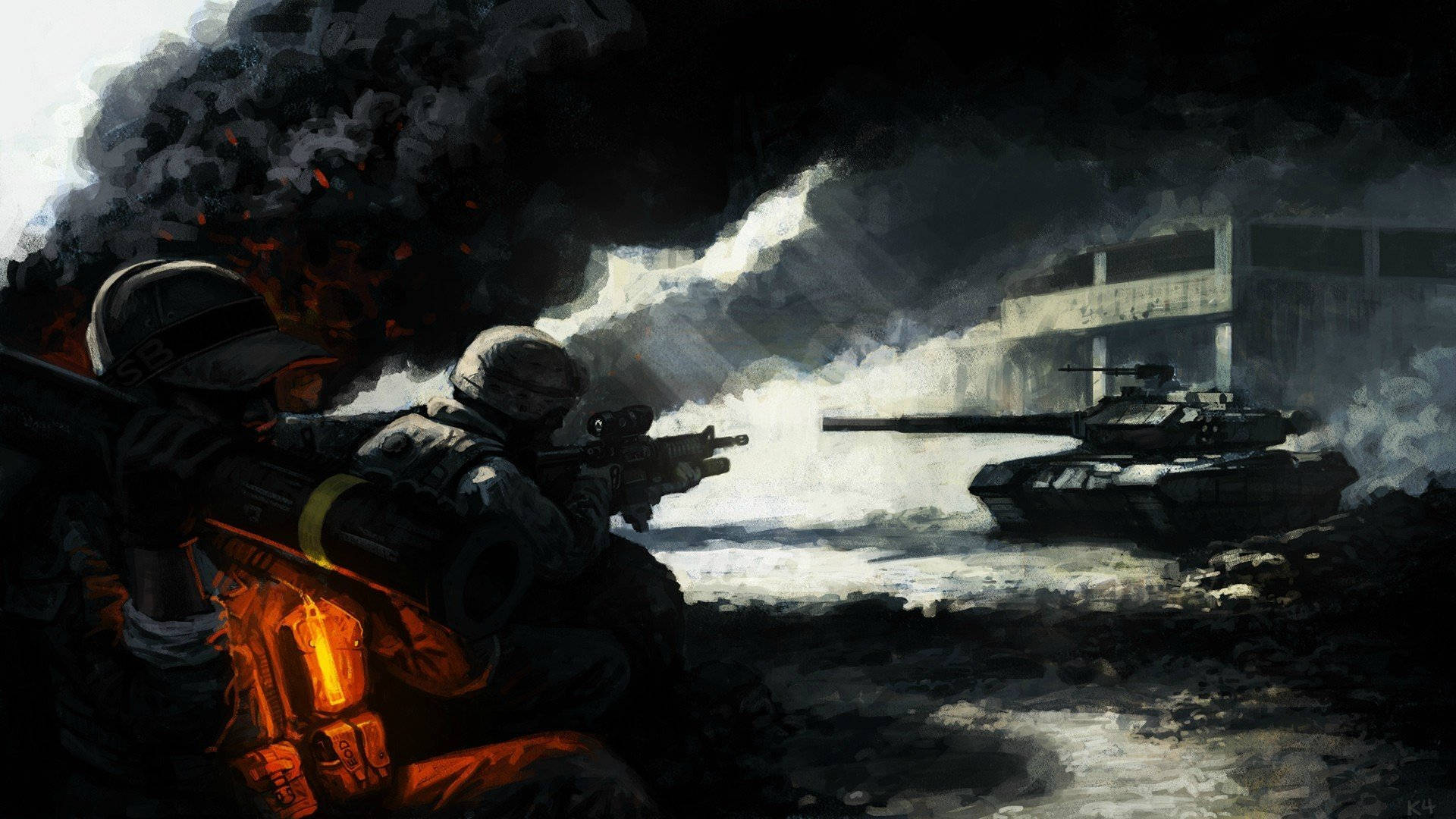 身穿戰鬥裝備的士兵在煙霧和火焰中靠近坦克前進。