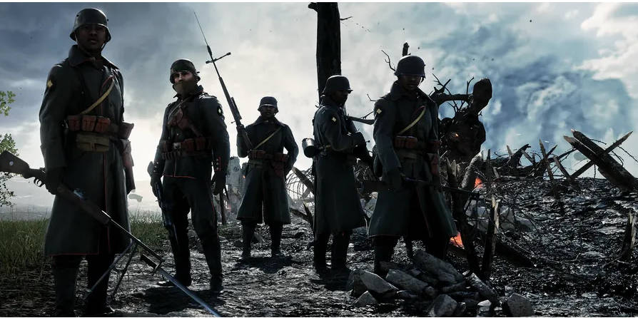 身穿軍裝的士兵站在一個戰爭蹂躪的田野上，有折斷的樹木和煙霧。