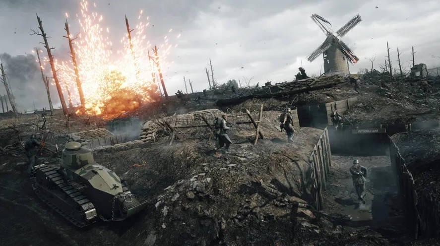 士兵和一輛坦克在戰場上移動，背景有爆炸和風車。