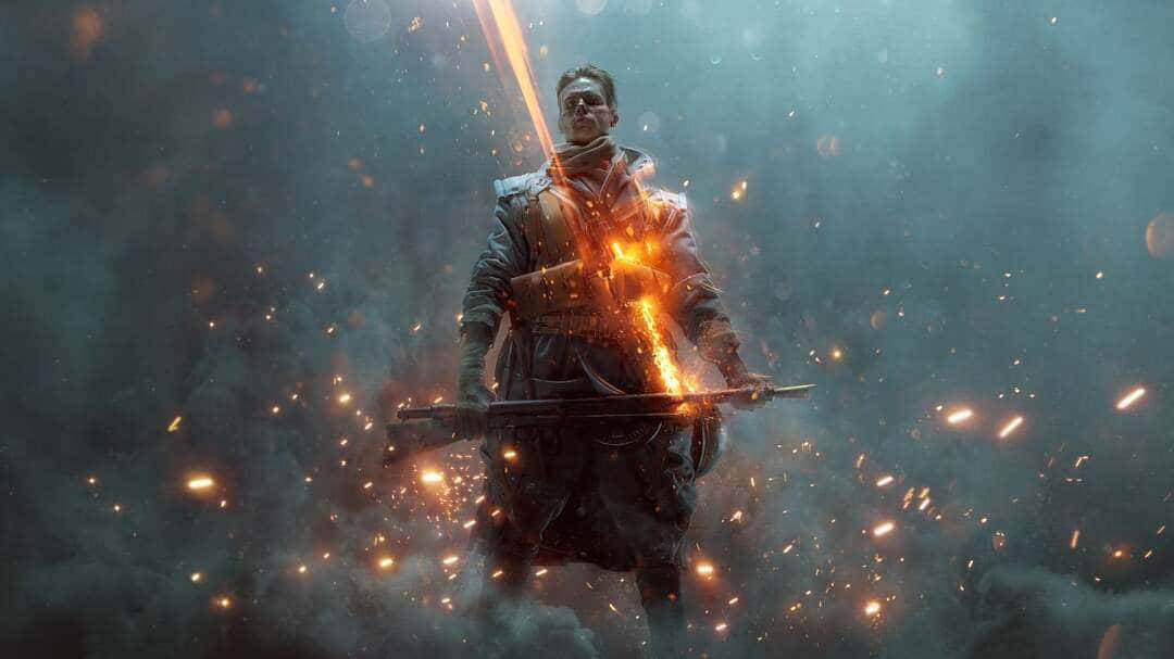 戰地1遊戲 1080p 高清畫質場景 壁紙 — 一名戰士挑釁地站著，一把火焰劍從他的胸口噴出，伴隨著火花和煙霧的風暴。