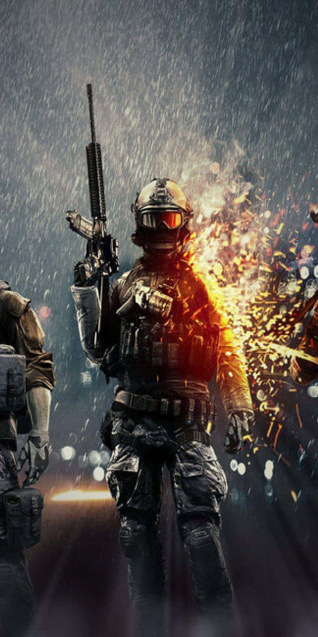 《戰地4》像素3背景：戴防護面罩的士兵雨中持槍 壁紙 — 一名全副武裝的士兵在雨中挑釁地站立，身後熾熱的火花在激烈的戰鬥場景中爆炸。