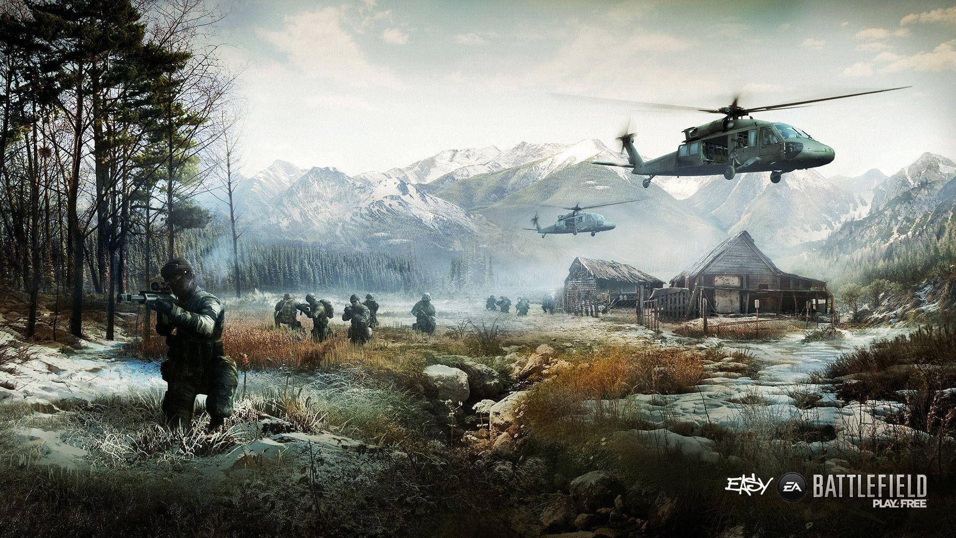 士兵在雪山中移動，直升機在小屋上空飛過。