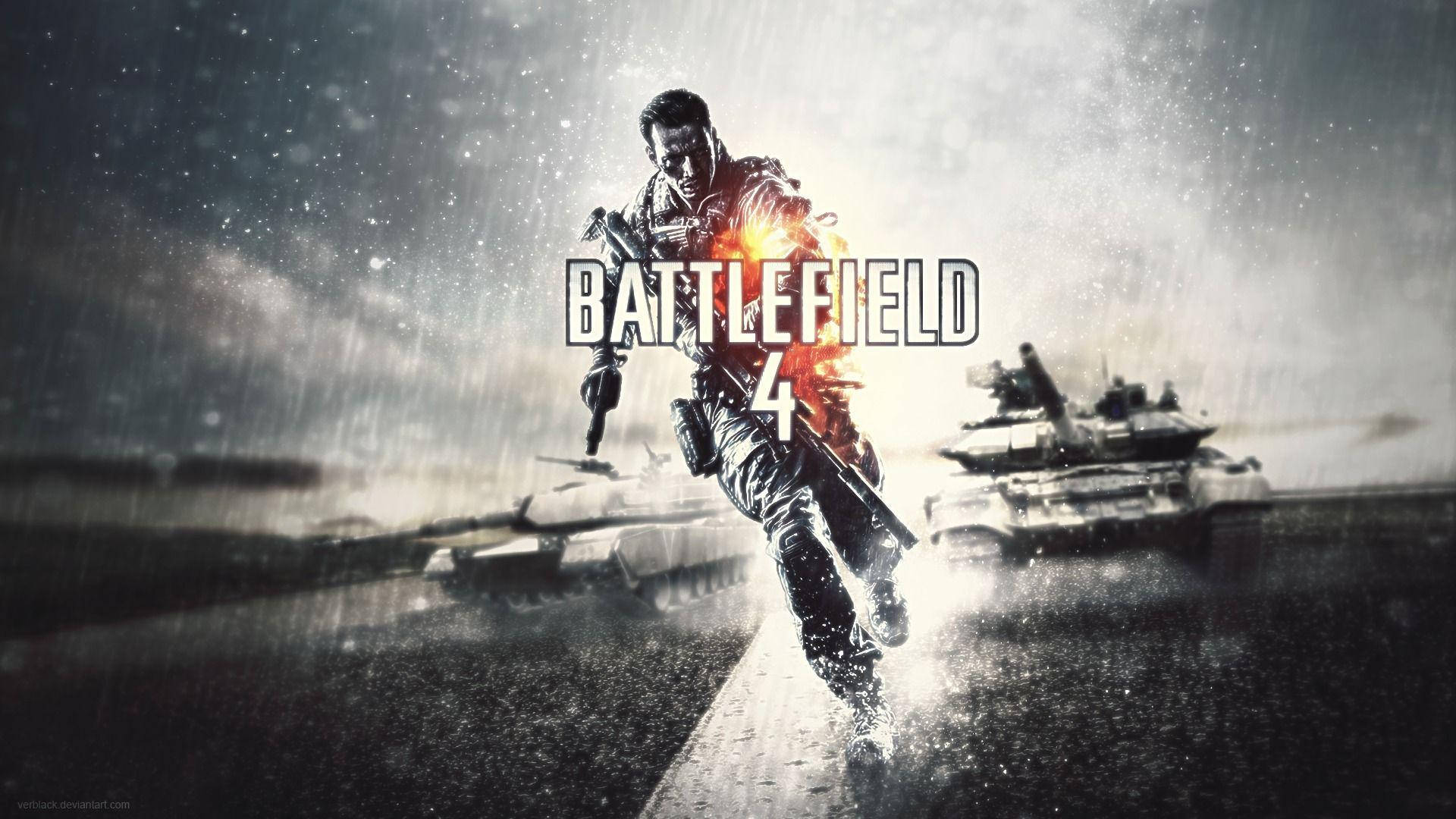 士兵在雨中奔跑，有坦克和Battlefield 4標誌