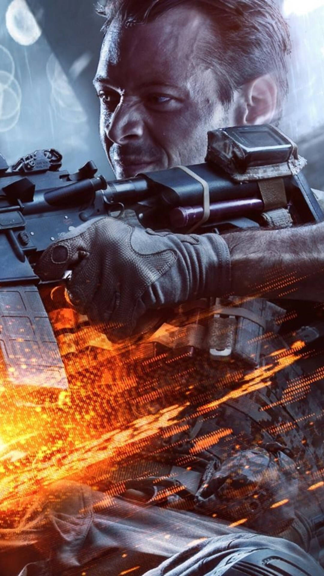 士兵在戰鬥中穿過煙霧和火焰用步槍瞄準。