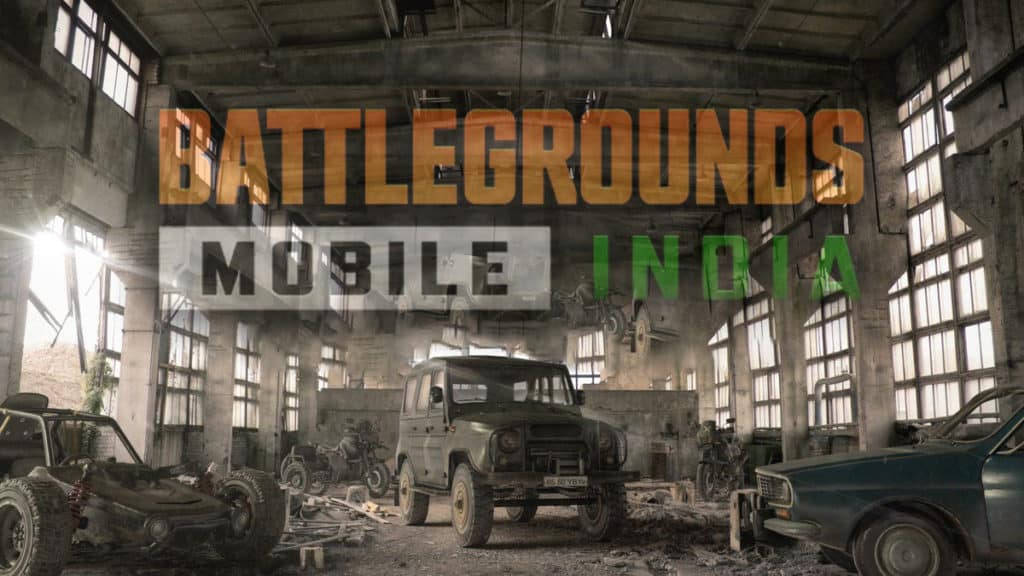 Battlegrounds Mobile India 的戰場場景，廢棄倉庫中有舊車。