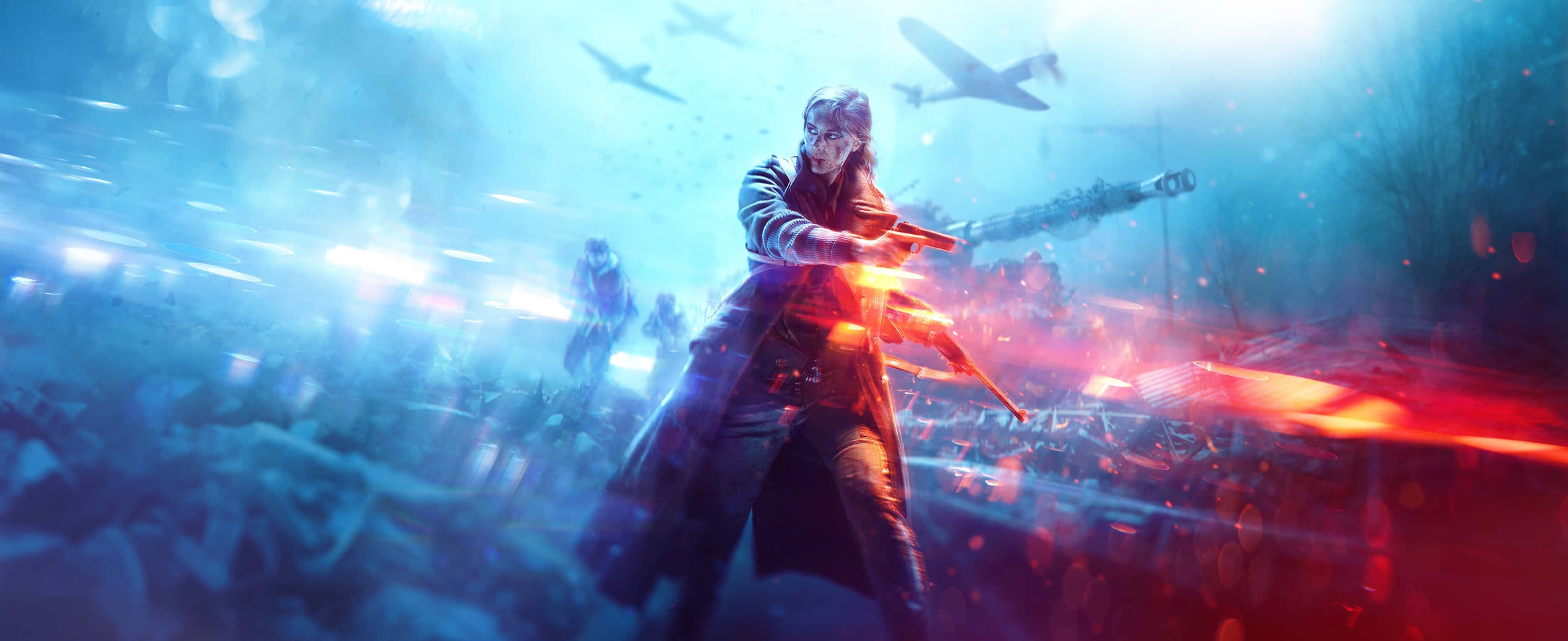 《戰地風雲 V》3440x1440 高清遊戲截圖 壁紙 — 一名穿著風衣的戰士在混亂的戰場上，伴隨著飛行的飛機和熾熱的爆炸，發射發光的武器。