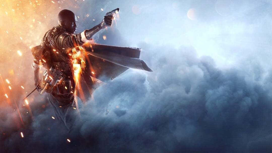 《戰地風雲1》敘述者 1080p 壁紙 — 一名身穿盔甲的戰士在戲劇性的天空背景下，於熾熱火花和旋轉煙霧中開槍射擊。