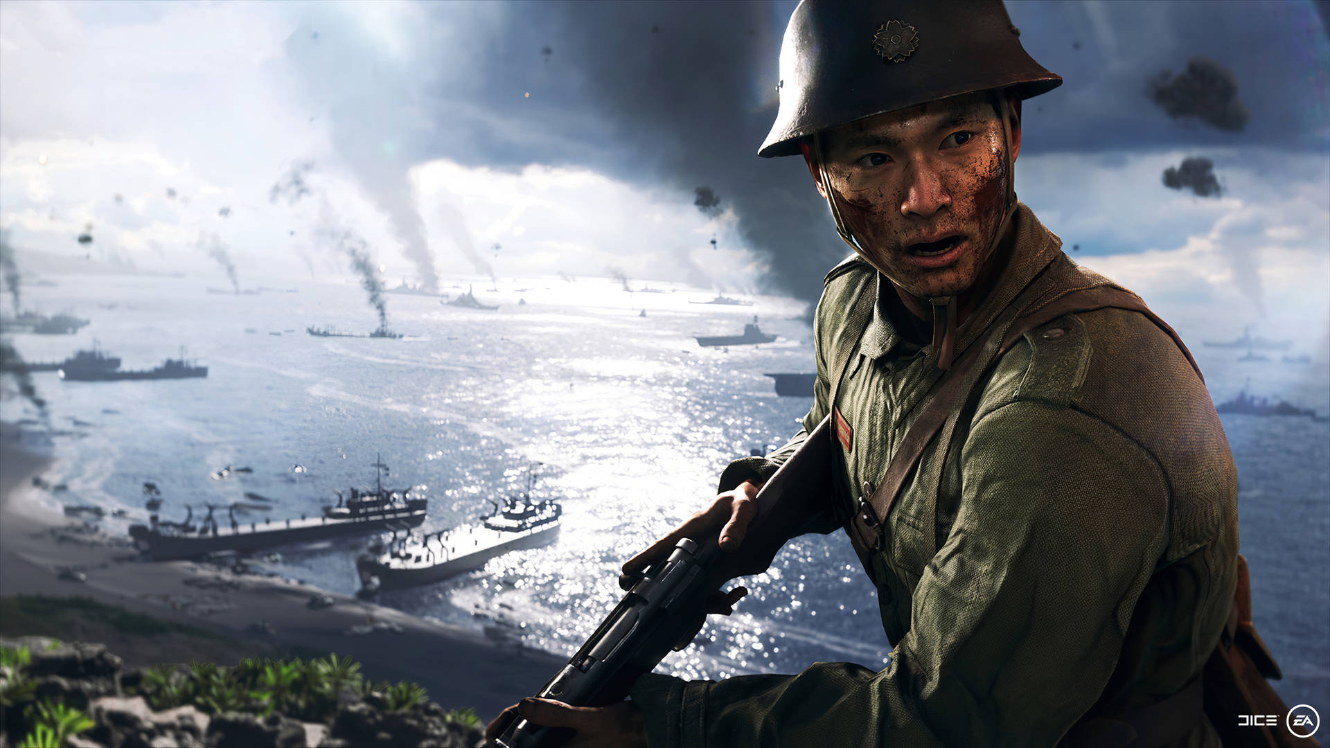 戴頭盔的士兵在懸崖上持步槍俯瞰軍艦和煙霧瀰漫的大海。