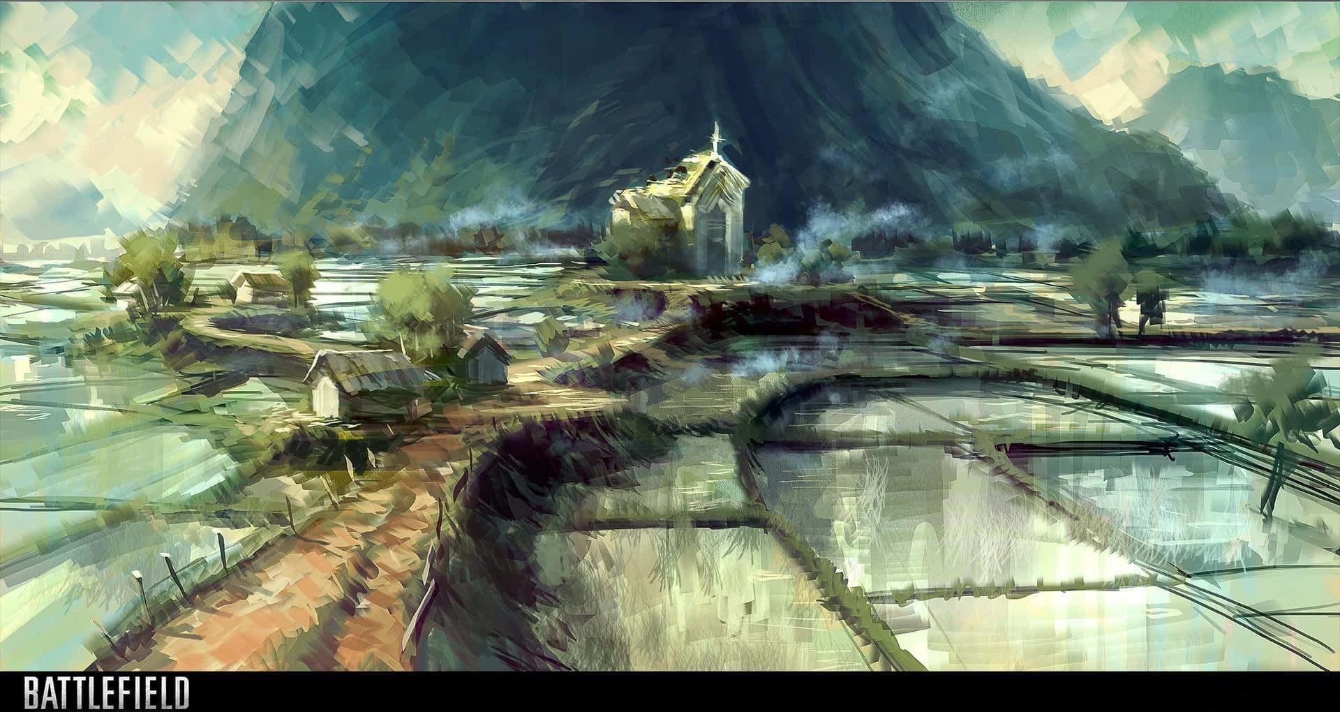 《戰地風雲5》稻田概念藝術背景 壁紙 — 一幅風格化的數位畫作，描繪一座孤獨的教堂矗立在山丘上，俯瞰著被水淹沒的稻田，背景是霧氣繚繞的山巒。