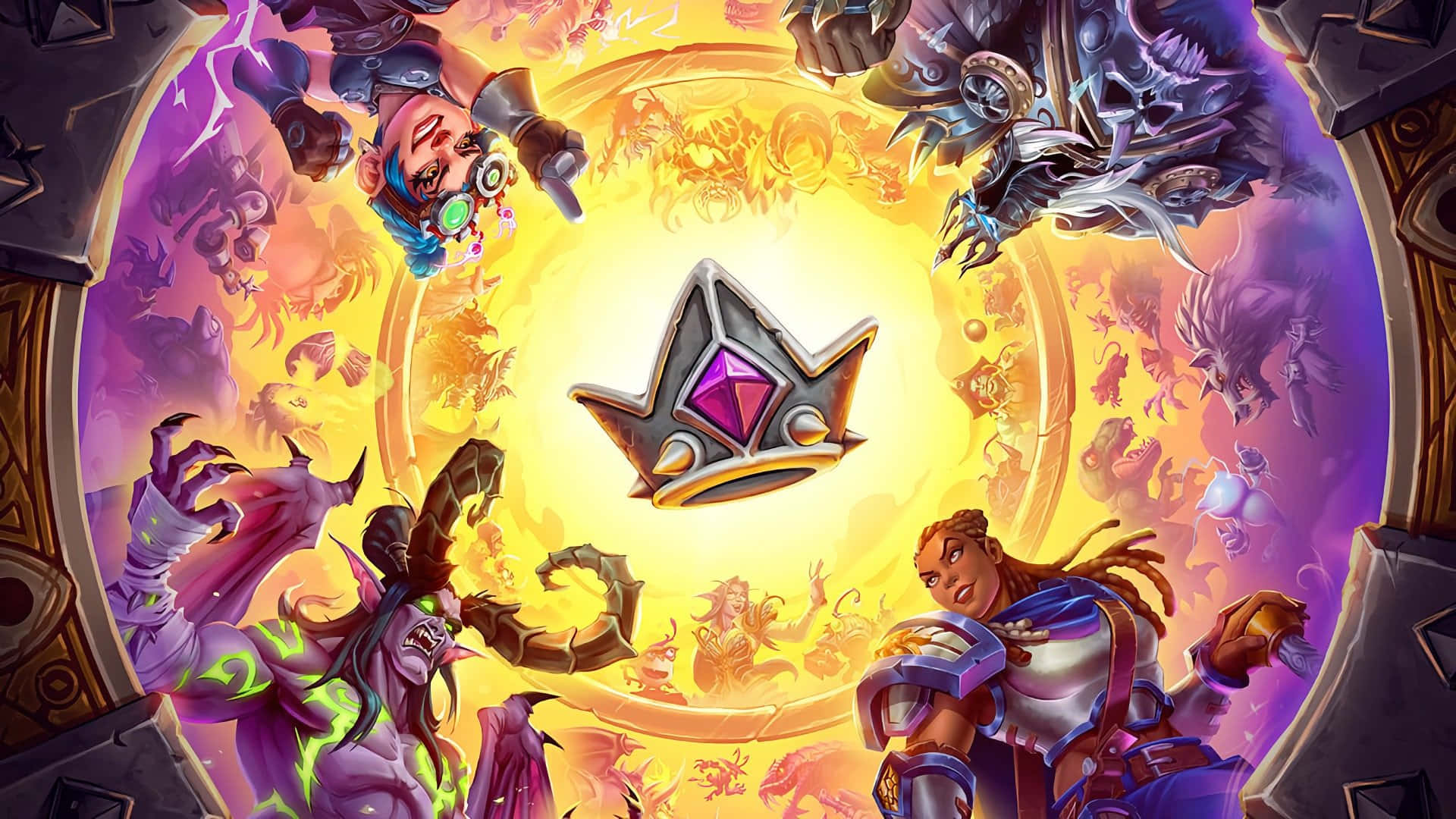 奇幻遊戲角色在魔法傳送門中圍繞著發光的皇冠。
