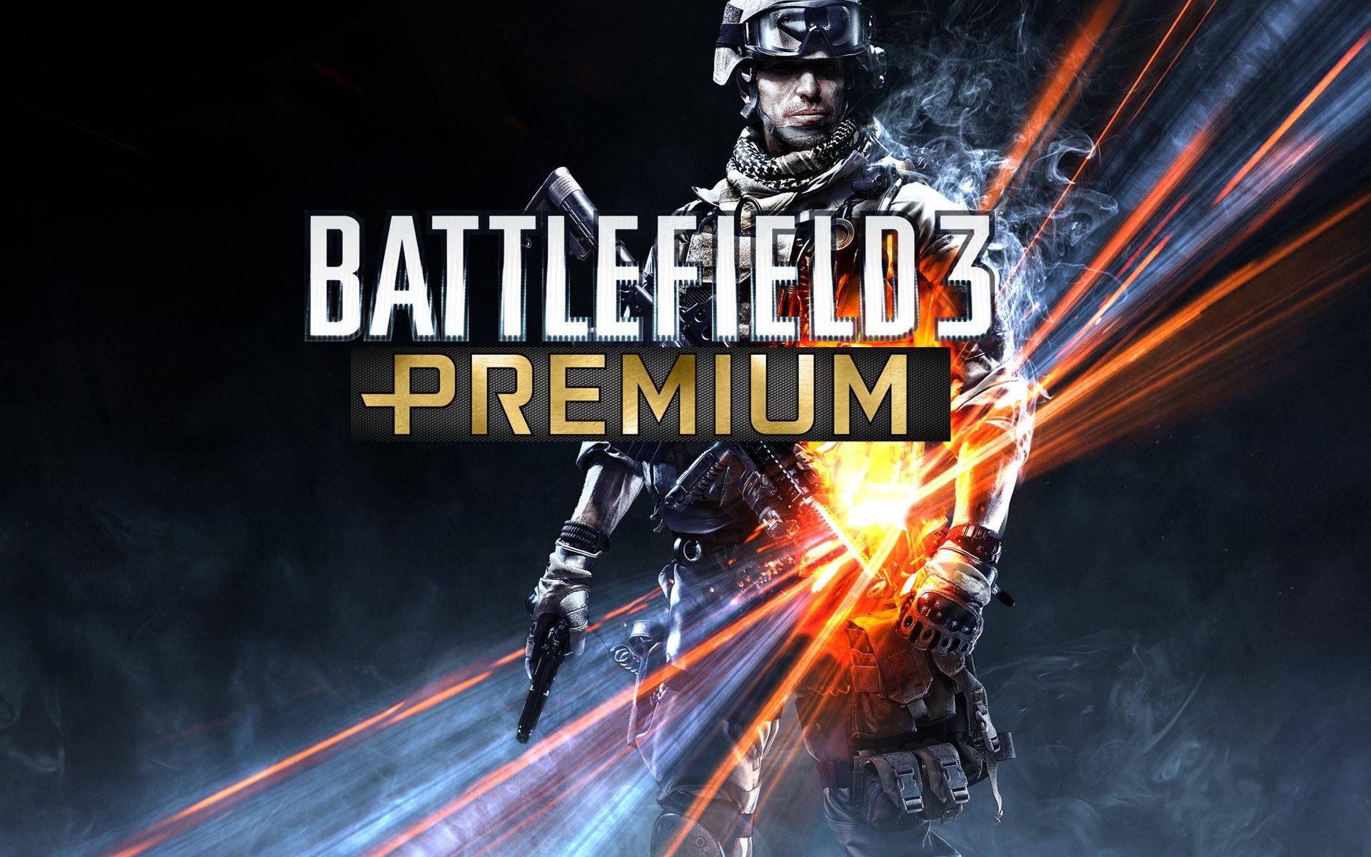 戰場3 高級版 壁紙 — 一名身穿戰鬥裝備的士兵在黑暗煙霧背景中開火，武器射出明亮的橙色和藍色能量光束。