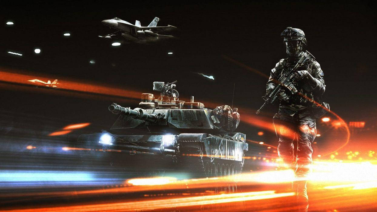 戰場3圖形壁紙 壁紙 — 一名士兵站在坦克旁邊，戰鬥機在火紅的夜空中劃過，留下動態模糊的軌跡。