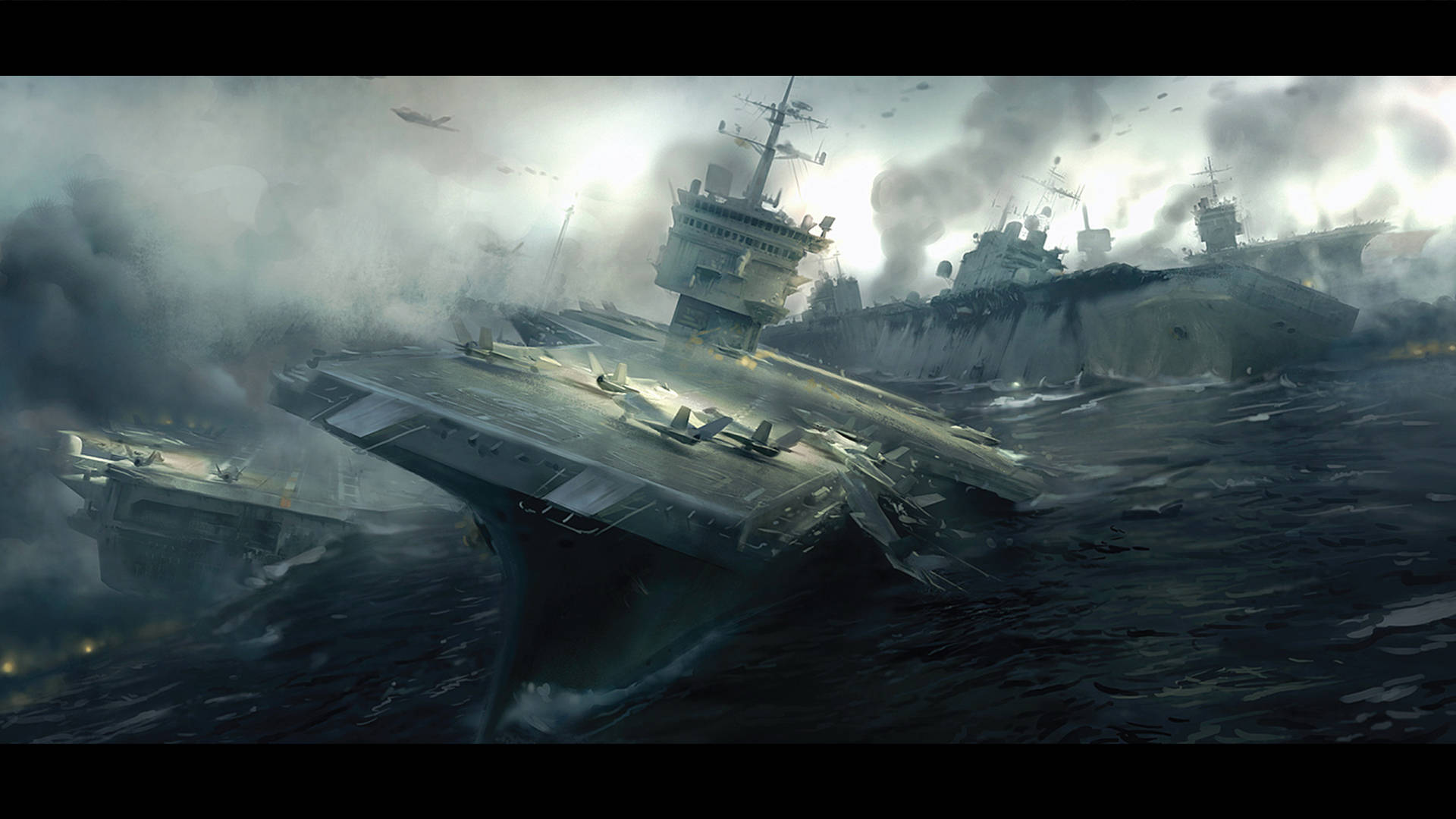 戰場3航空母艦場景 壁紙 — 戰役中損毀的航空母艦在風暴肆虐的海上，於煙霧瀰漫的天空下，伴隨著戰鬥機在上空飛翔，正在沉沒。