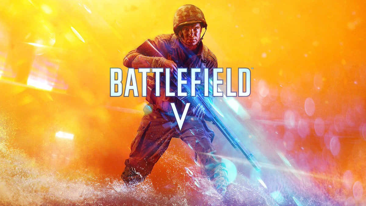戰場V背景：宣傳海報 壁紙 — 一名身穿戰鬥裝備的士兵持步槍衝過爆炸性的橙色和黃色光芒。