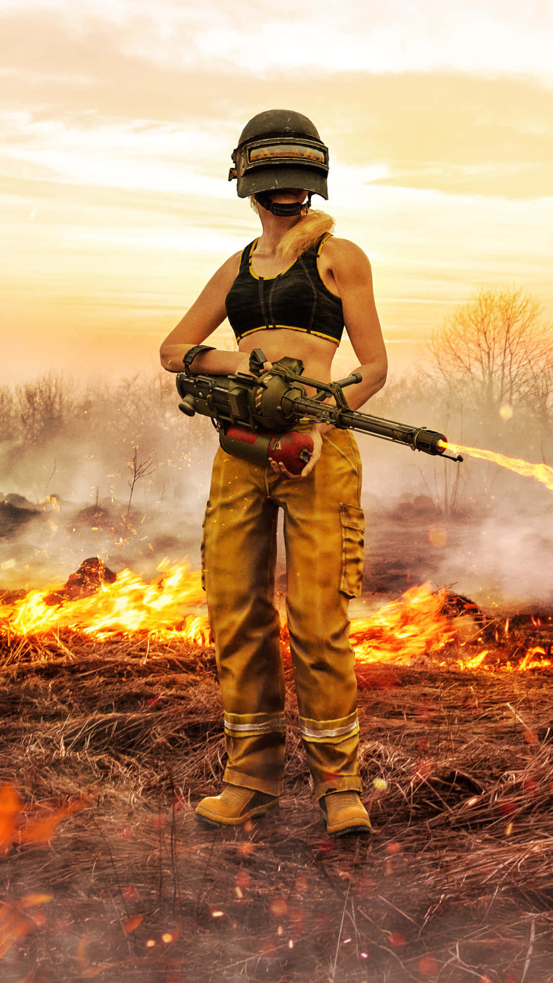 戰場上的PUBG女戰士 壁紙 — 一名身穿戰鬥裝備的女兵在夕陽下燃燒的戰場上開火。