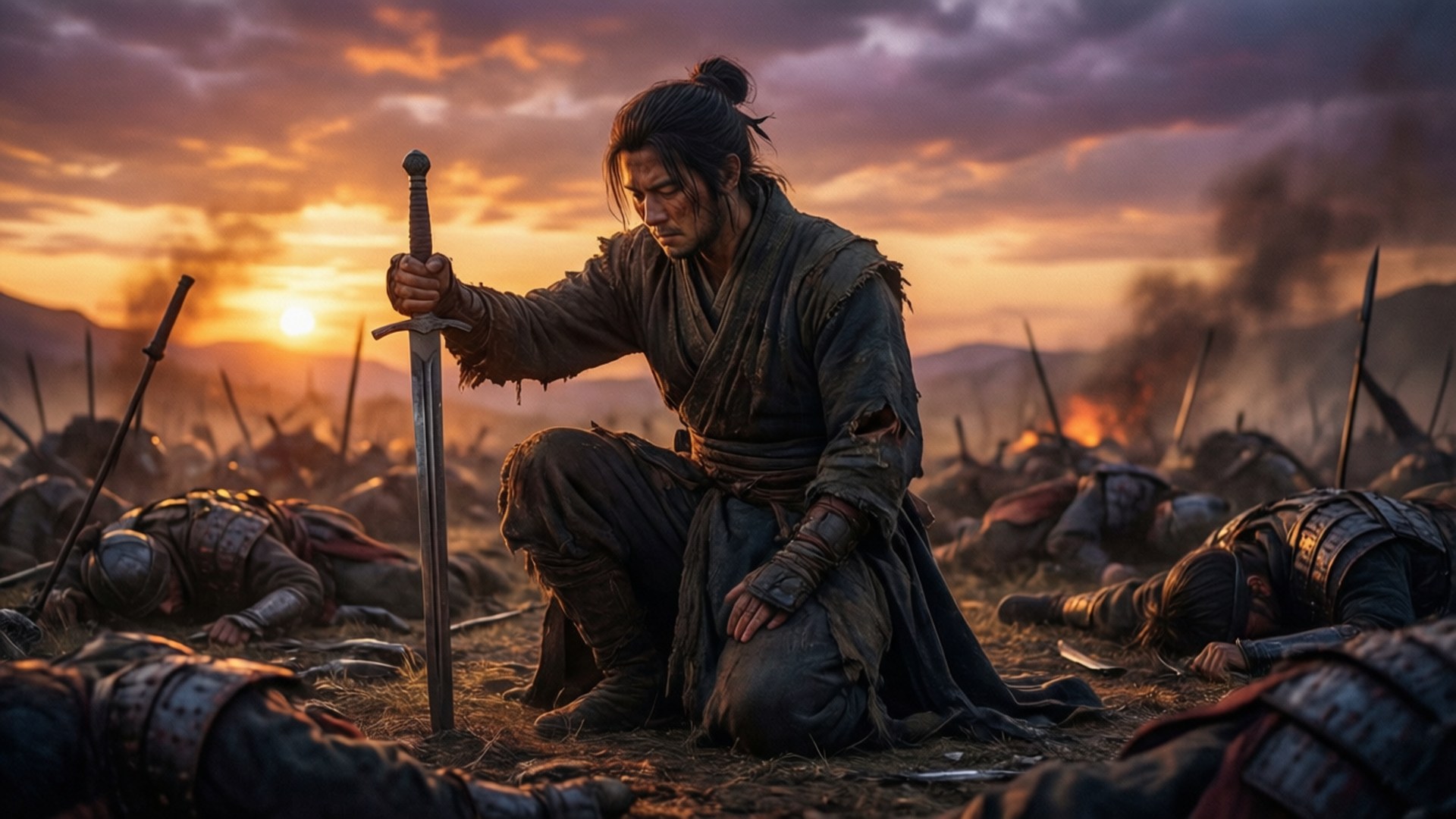 戰士在日落戰場上跪著，手持劍，周圍有倒下的士兵。