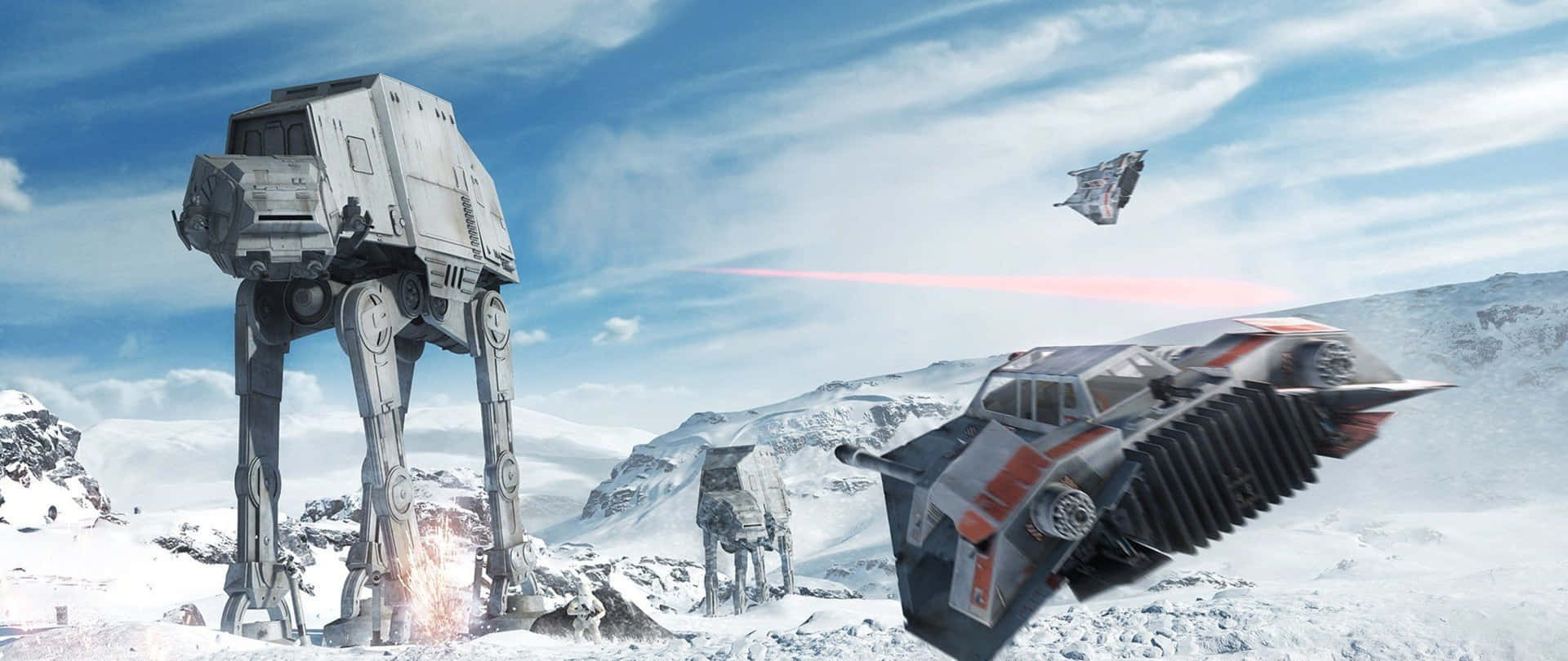 AT-AT步行機和雪地飛船在雪星球上戰鬥。