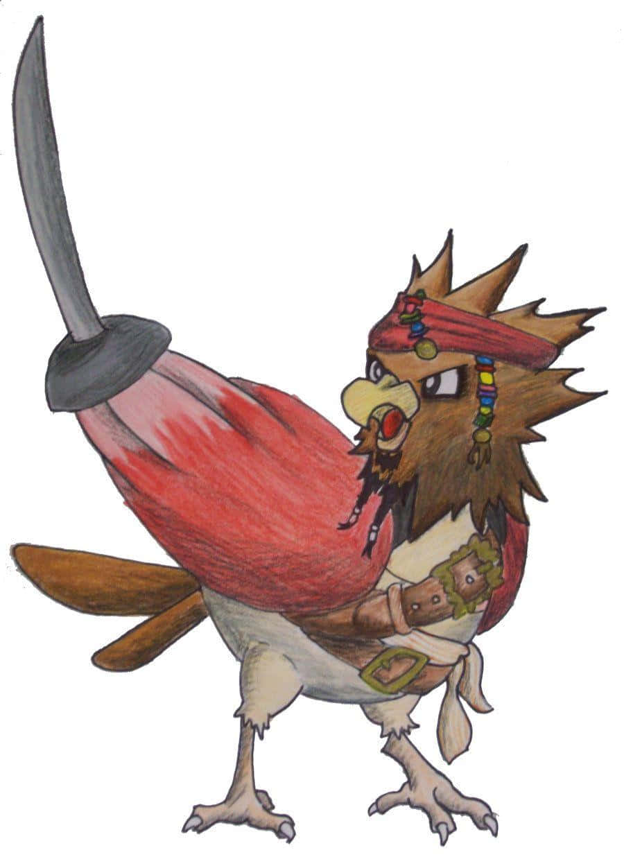 戰士 Spearow - 寶可夢宇宙的強大力量 壁紙 — 一隻卡通風格的海盜鳥，戴著紅色頭巾，手持劍，準備好冒險。