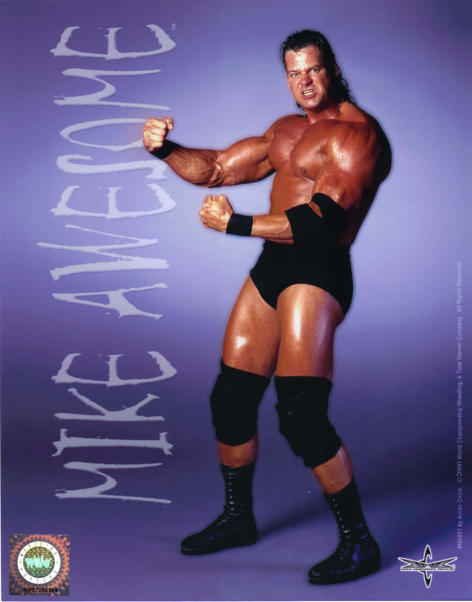 摔角手 Mike Awesome 穿著黑色裝備，在紫色背景前握拳擺姿勢。