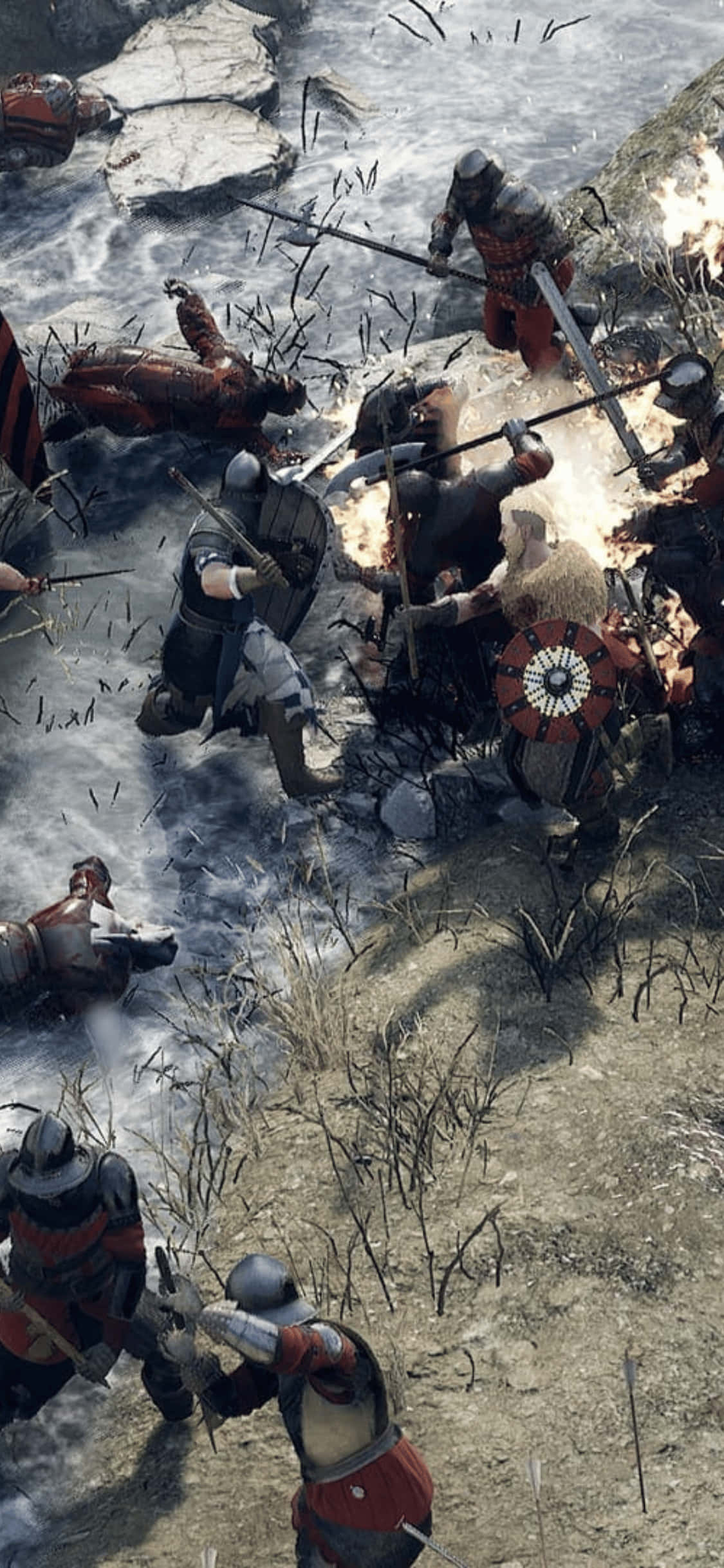 戰士交鋒 iPhone XS Mordhau 背景 壁紙 — 中世紀戰士喺岩石河岸上進行殘酷嘅近戰，水花四濺，碎片飛揚。