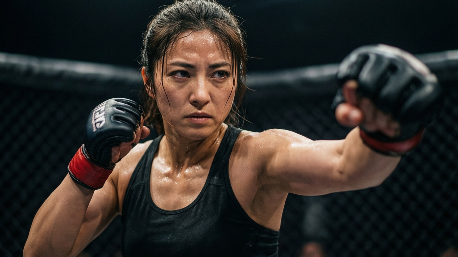 身穿黑色背心的女MMA戰士在籠中揮拳。