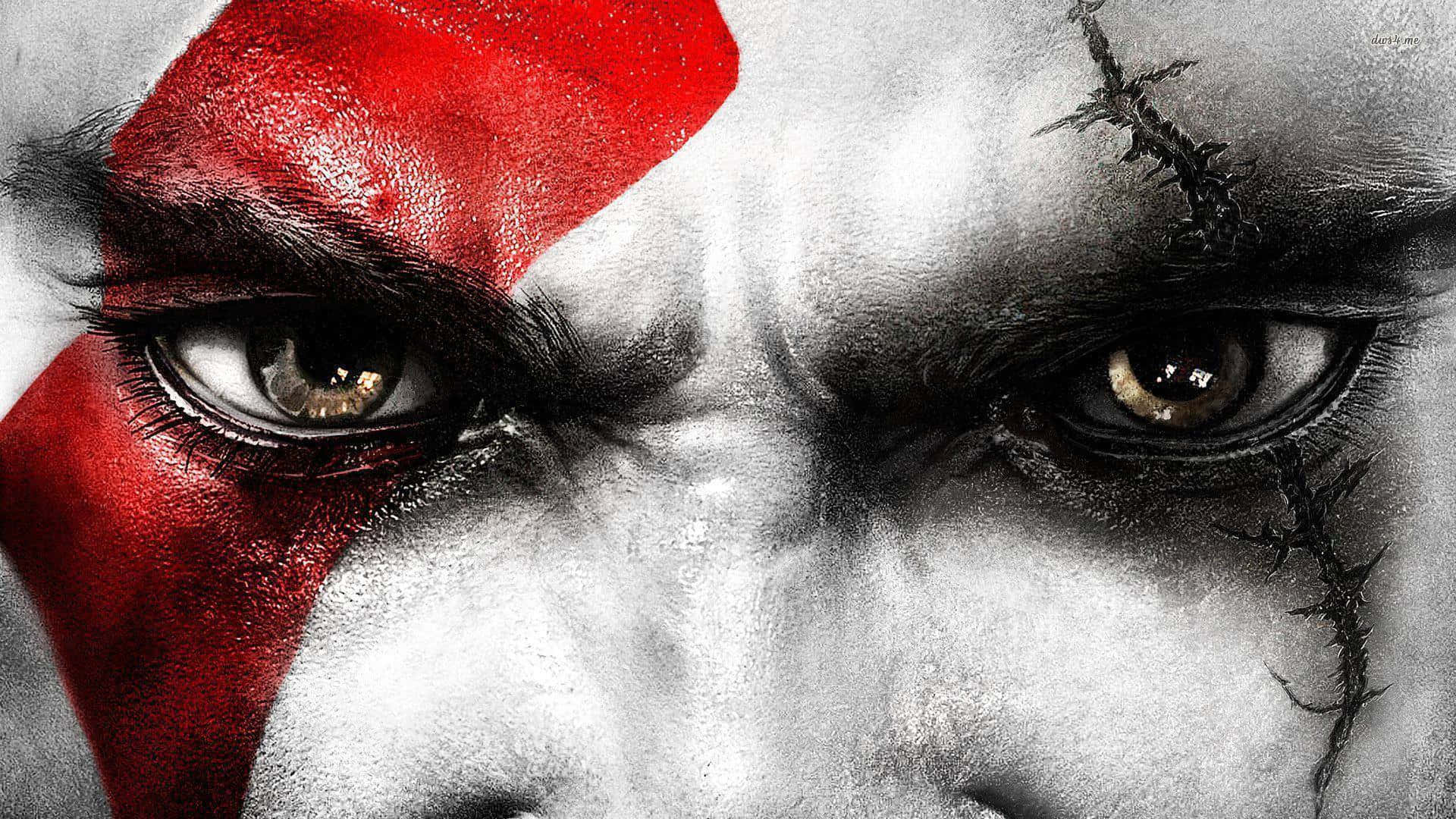 God Of War 桌布 壁紙 — 戰士強烈面孔的特寫，帶有紅色部落標記和一隻眼睛上的黑色疤痕。