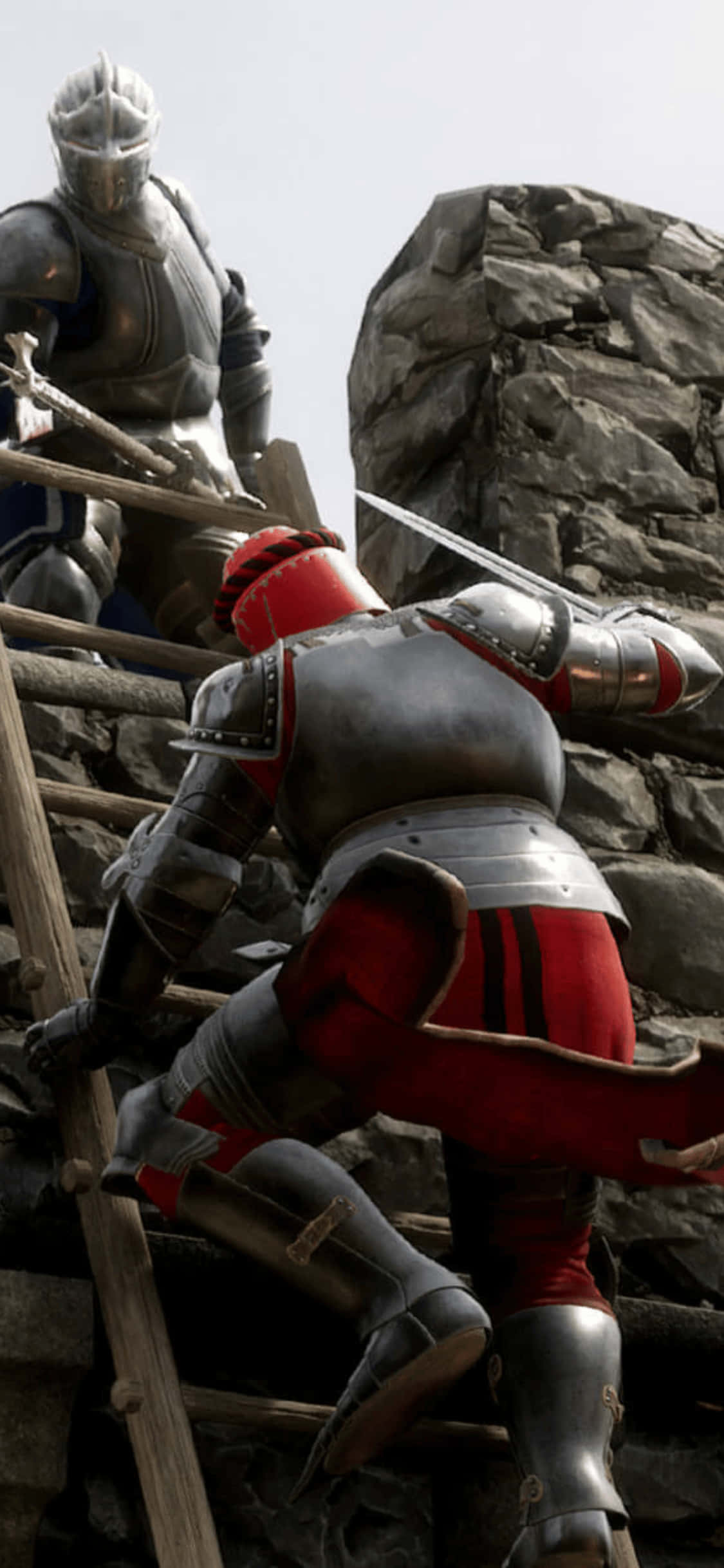 戰士攀牆 iPhone XS Mordhau 背景 壁紙 — 兩名身穿銀紅鱗甲的騎士，在陰天之下攀爬靠在堅固石牆上的木梯。