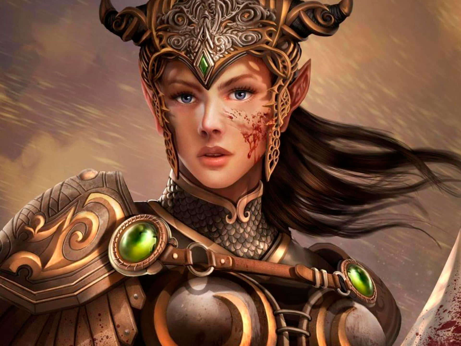 身穿金色盔甲、臉上帶血的精靈女戰士