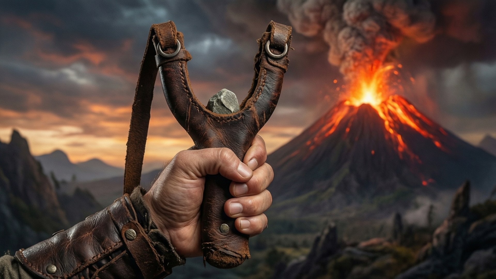 手握彈弓，石頭已準備好，對準日落時分噴發的火山。