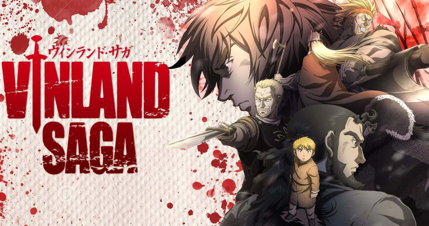 《Vinland Saga》動漫海報， featuring 戰士和一個帶有血跡的孩子。
