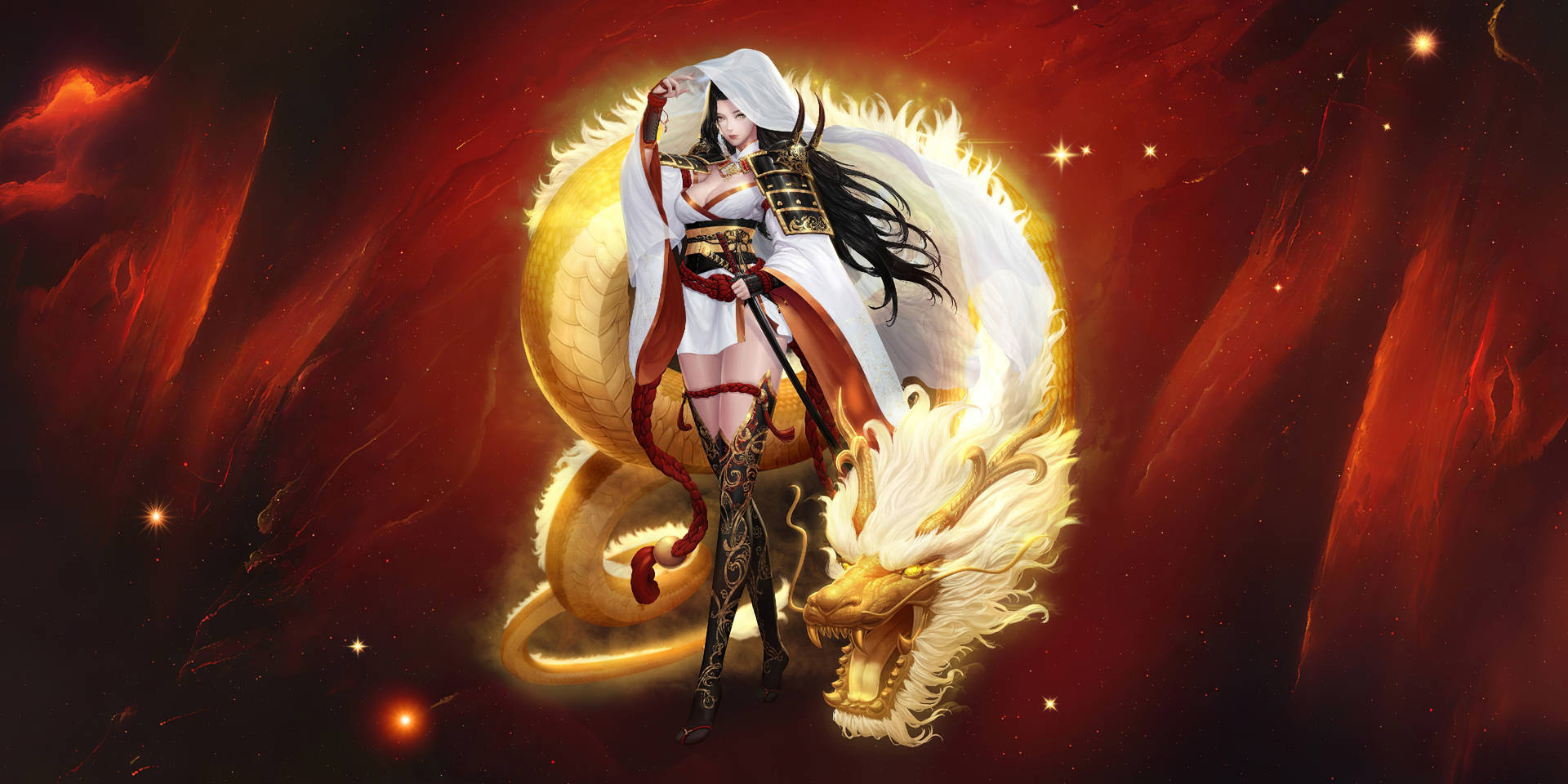 一位女性動漫戰士與白色龍在熾熱的宇宙場景中。
