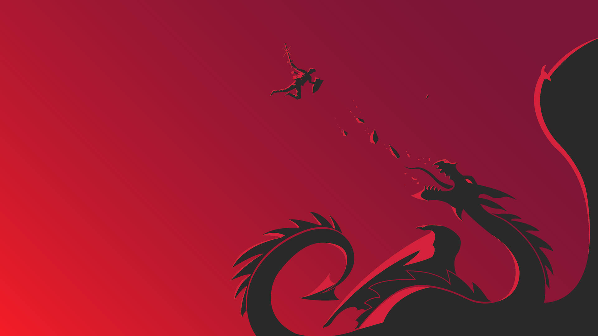 戰士與紅龍 壁紙 — 一個剪影戰士跳向龍的嘴巴，背景是漸變紅色。