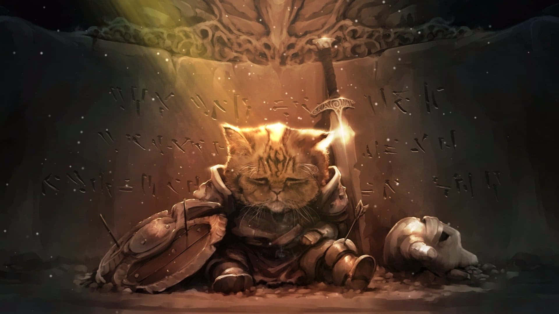 戰士貓倚劍休憩 壁紙 — 一隻疲憊的裝甲貓戰士在一個帶有古代符文的神秘洞穴中，在發光的劍旁休息。