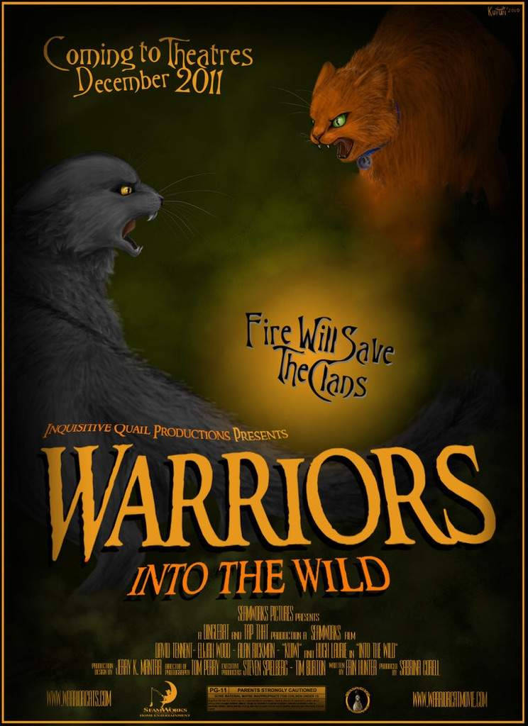 兩隻咆哮的貓在《Warriors Into the Wild》的深綠色電影海報中對峙。