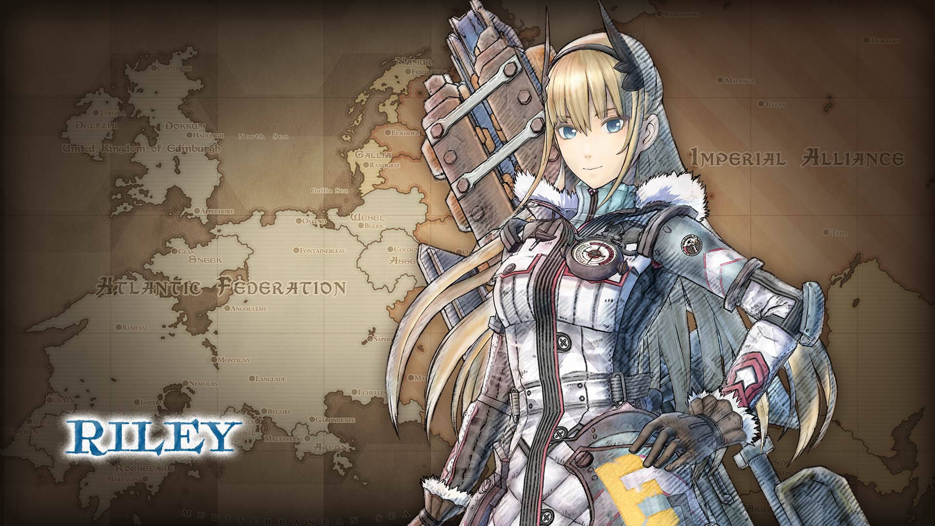 穿著未來主義盔甲的動漫戰士女孩站在世界地圖前。