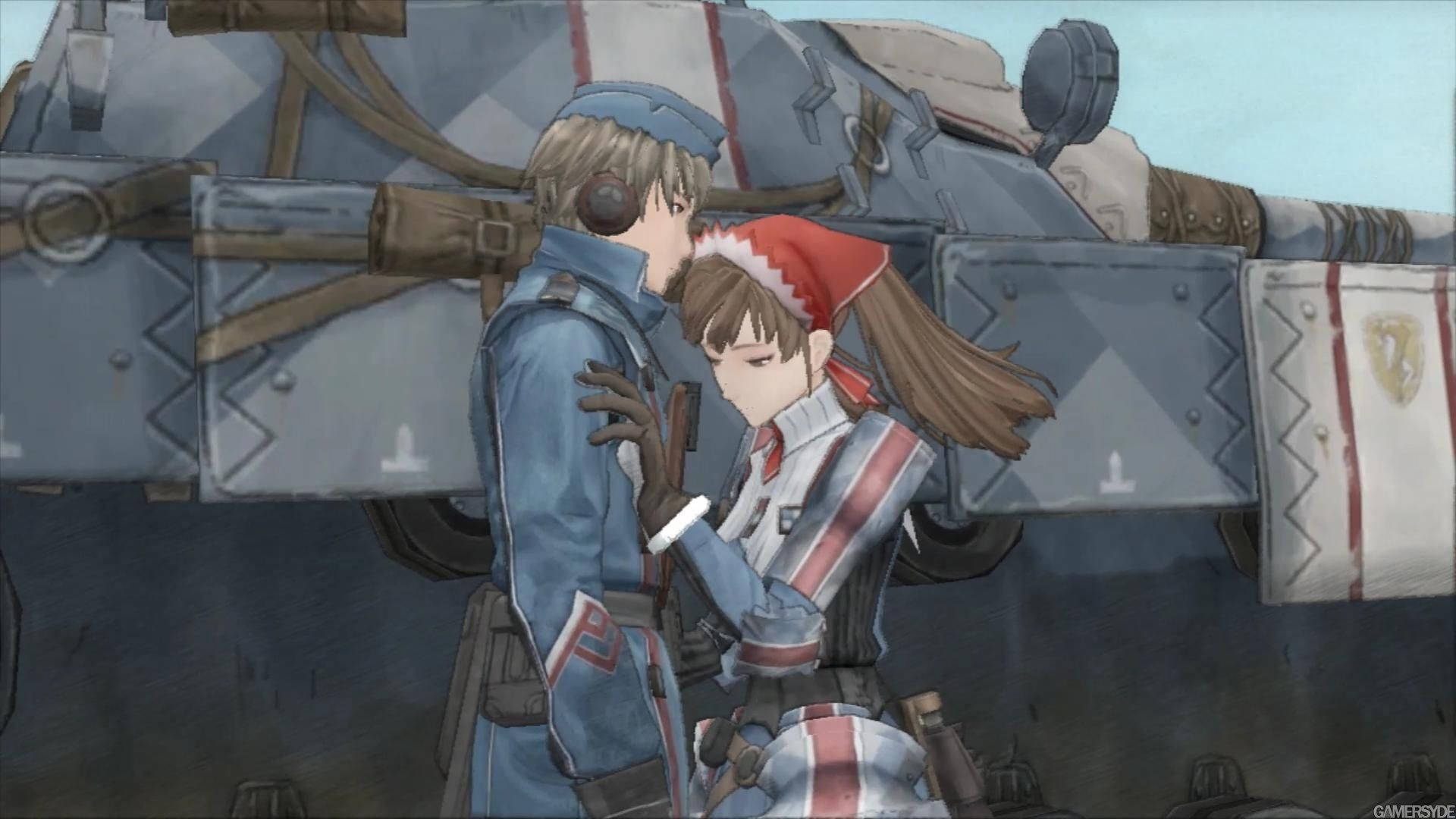 兩名身穿軍服嘅動漫士兵喺坦克附近擁抱。