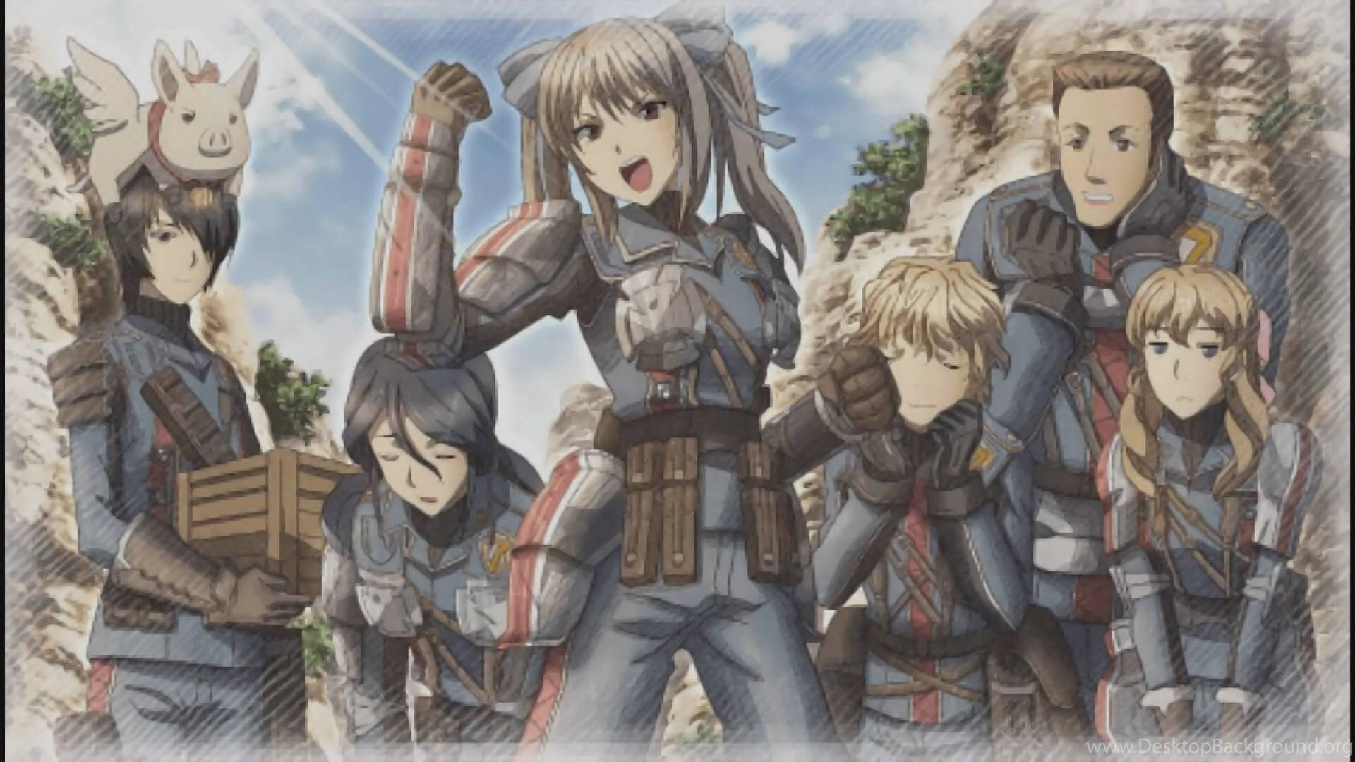 動漫士兵群體，其中一人頭上有豬，位於岩石地形。