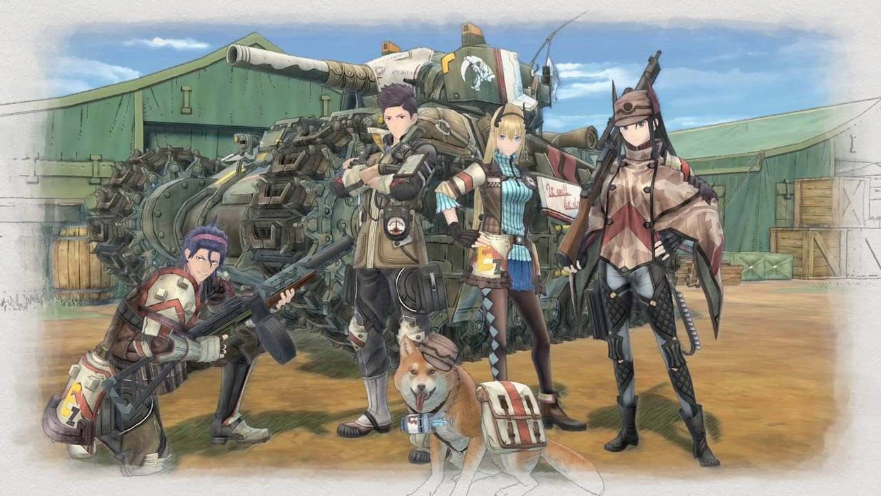 四名士兵和一隻穿著軍裝的狗站在機庫中的坦克附近。