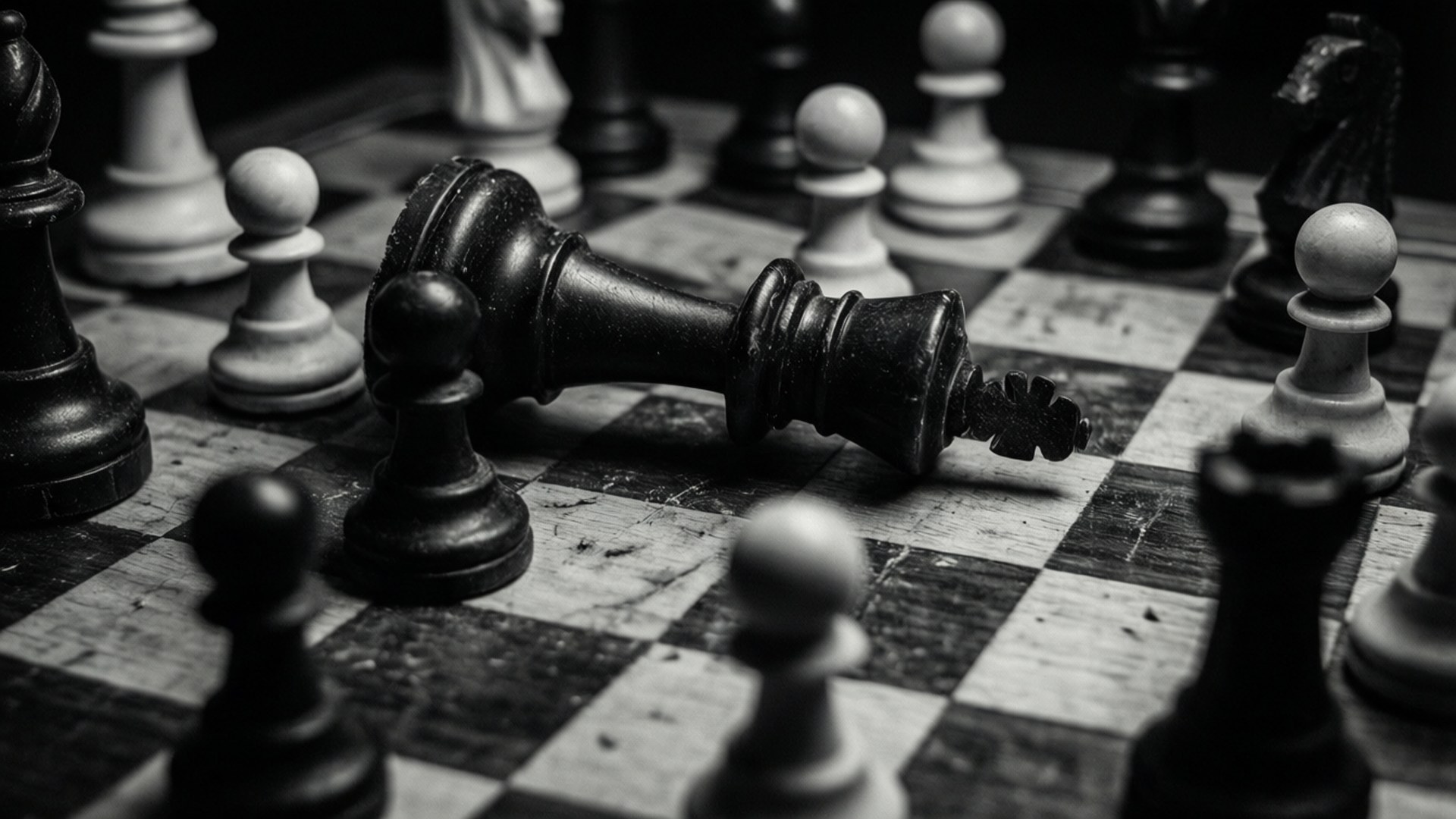 一個翻倒的黑色國王棋子，在磨損的棋盤上，周圍有其他棋子。