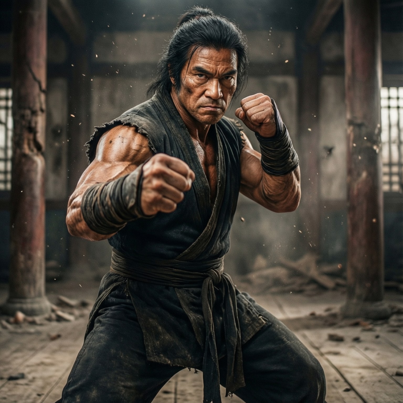 一位肌肉發達的武術家在佈滿灰塵的木質道場內擺出戰鬥姿勢。