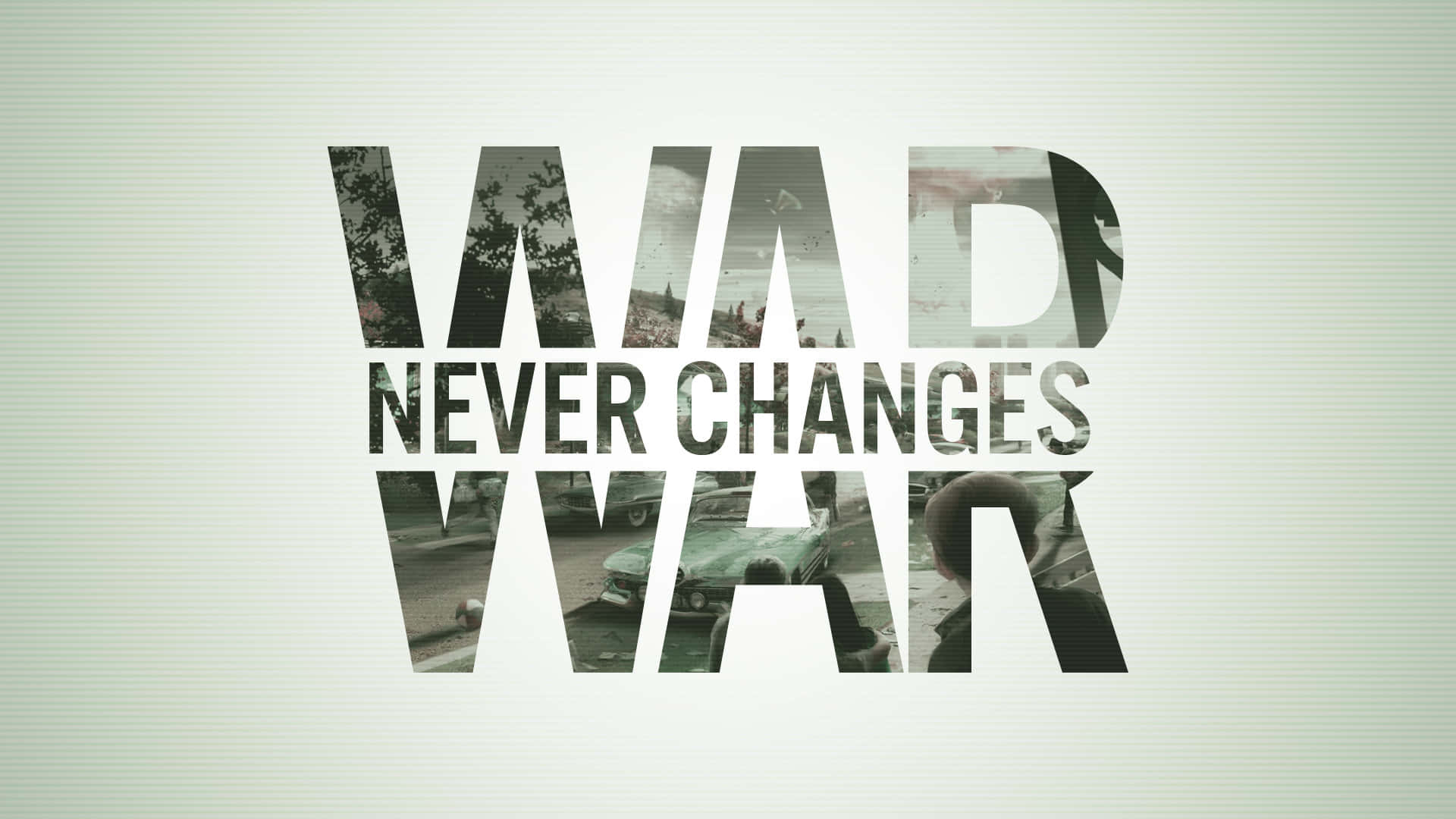 文字圖形顯示 'MAD NEVER CHANGES WAR'，字母內有戰爭場景。
